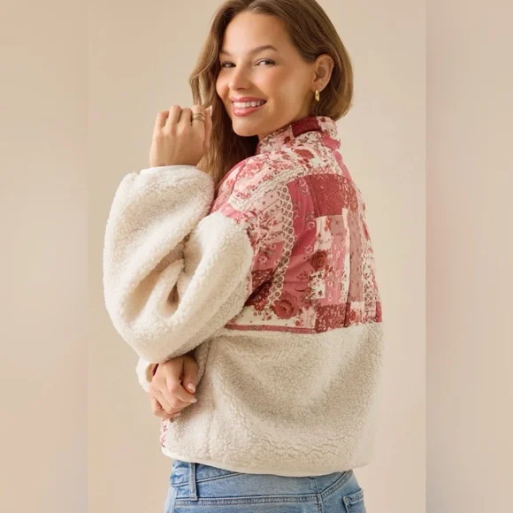 Altar'd State Pink Patchwork Sherpa Jacket with Cream Panels - Picture 3 of 6